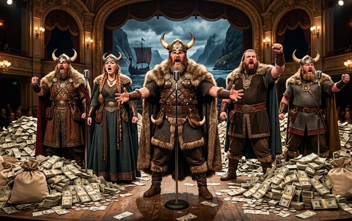 Opera singers sing on stage flnaked by piles of money from structured settlement factoring.