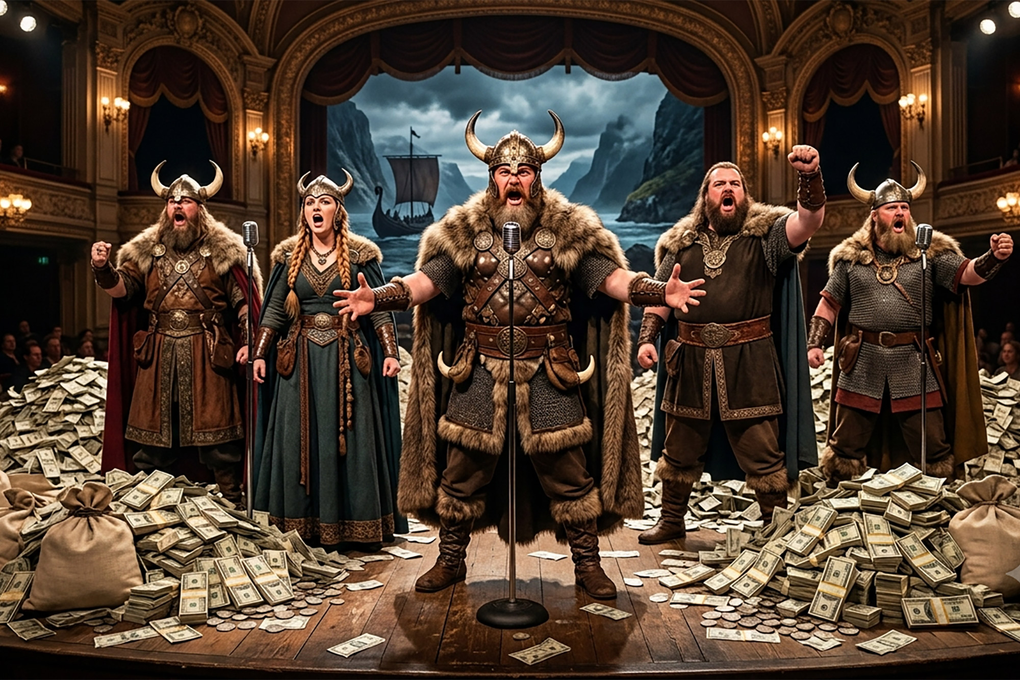 Opera singers sing on stage flnaked by piles of money from structured settlement factoring.