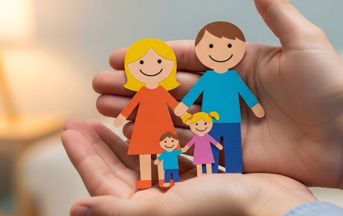 Two hands holding a paper cutout of a family.