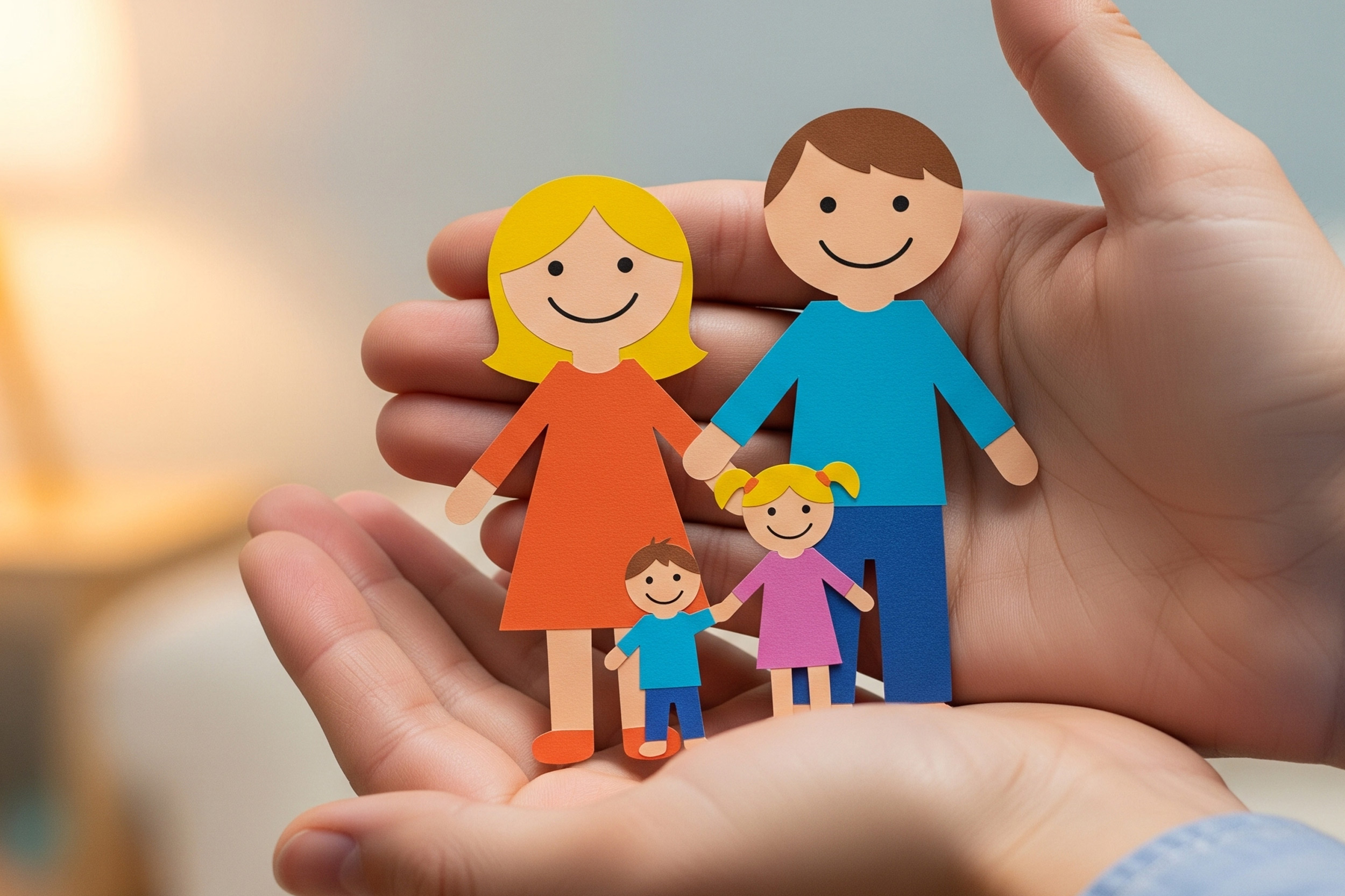 Two hands holding a paper cutout of a family.